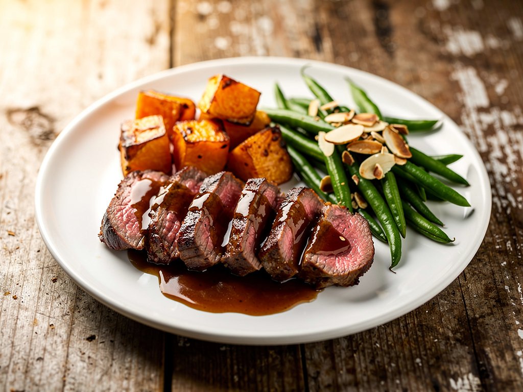 Saucy Thyme Sirloin Steak with Roasted Sweet Potatoes and Green Beans Amandine