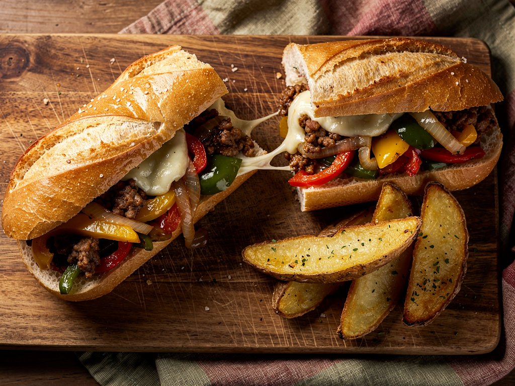 Loaded Sausage and Pepper Hoagies with Garlic Potato Wedges