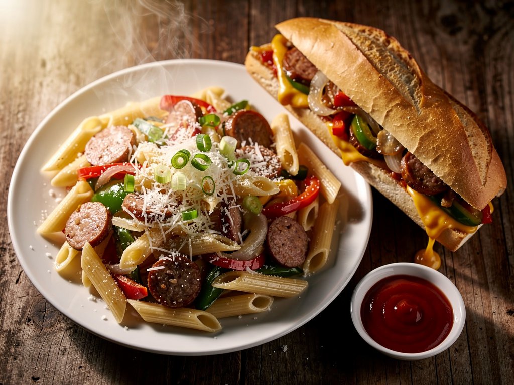 Hearty Sausage and Pepper Penne Pasta with Sub Sandwiches for Lunch