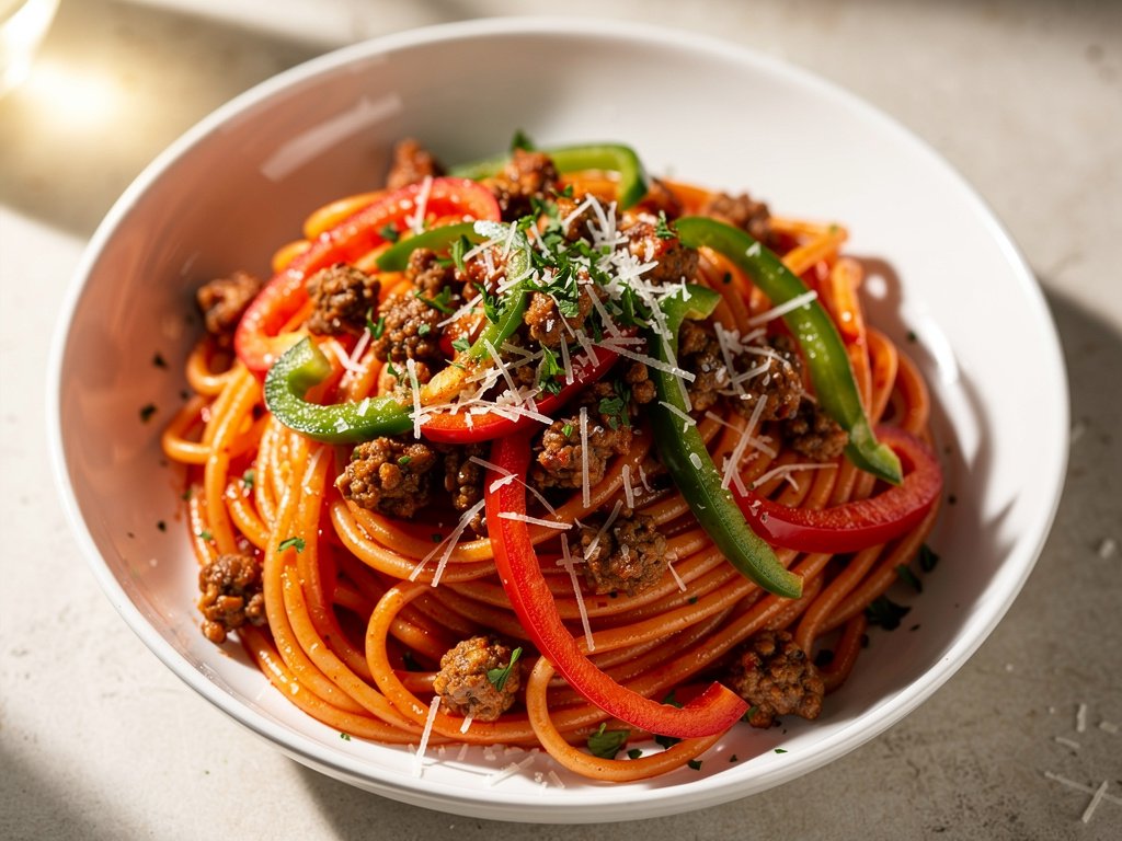 Sausage and Pepper Spaghetti with Tomato Parmesan Sauce