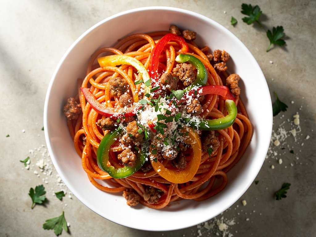 Sausage and Pepper Spaghetti with Tomato Parmesan Sauce