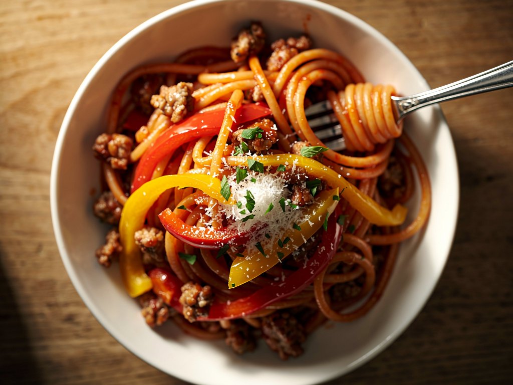 One-Pan Sausage and Pepper Spaghetti with Tomato Sauce