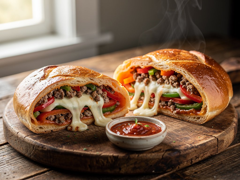 Sausage and Pepper Stromboli with Mozzarella and Marinara