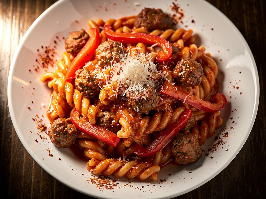 Sausage and Roasted Red Pepper Gemelli Pasta with Creamy Parmesan Sauce