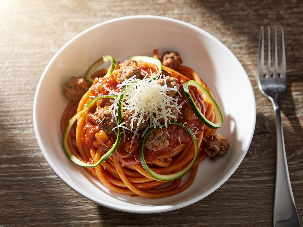 Hearty Sausage and Spaghetti Bolognese with Zucchini Ribbons