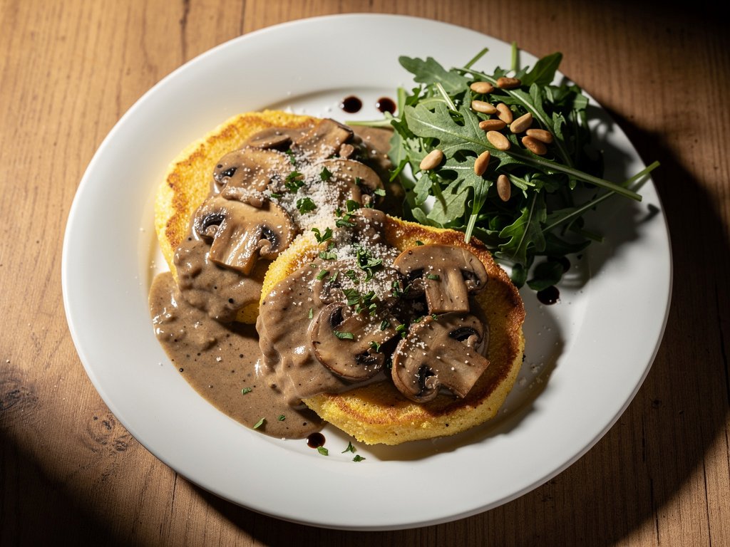 Savory Polenta Pancakes with Creamy Mushroom Gravy and Arugula Salad