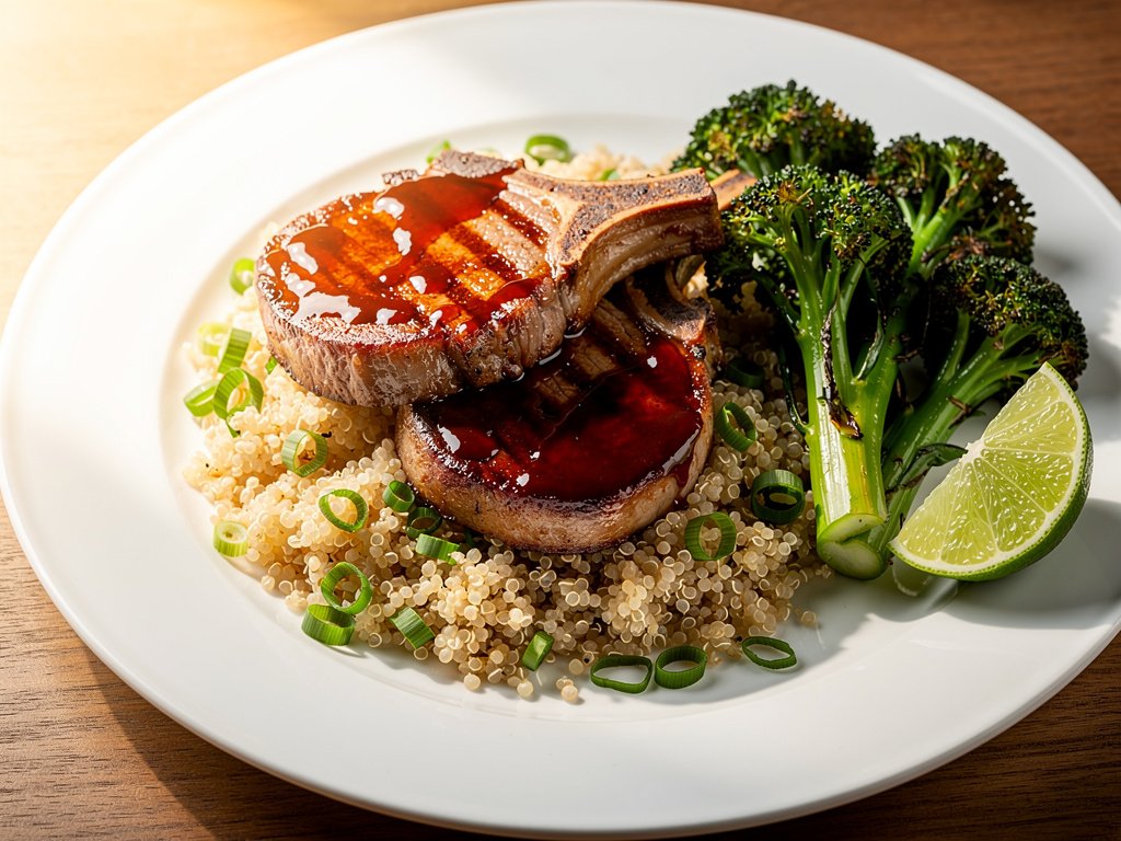 Savory Pork Chops with Red Pepper Jam and Garlic Lime Broccoli