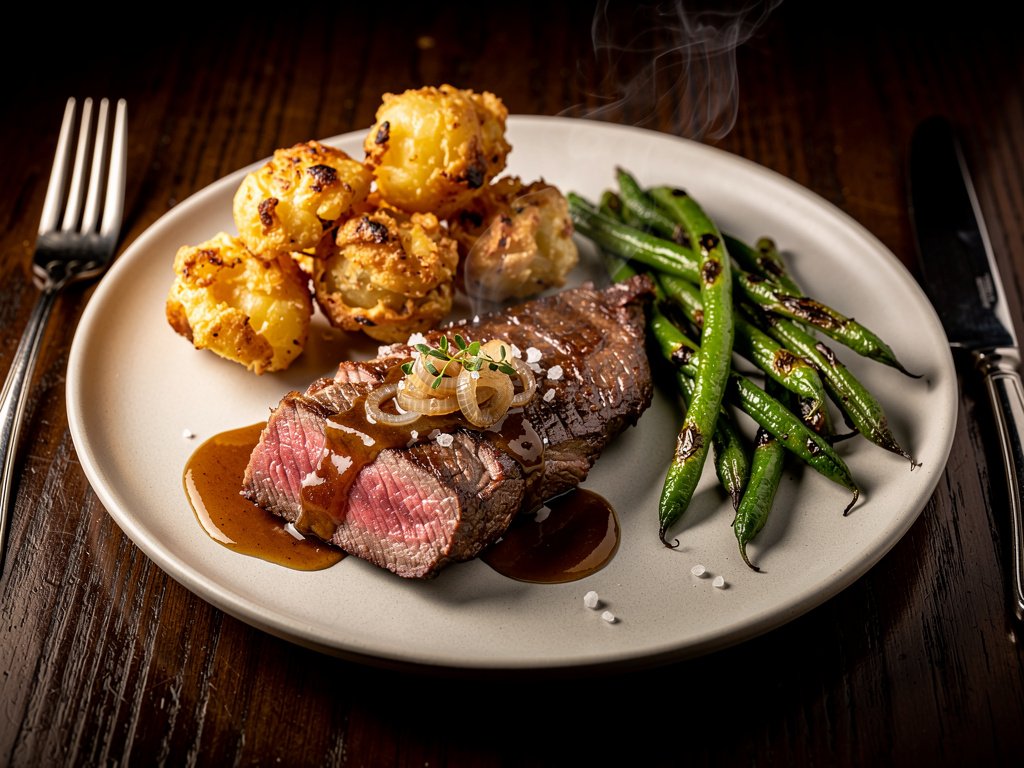 Seared Bavette Steak with Sherry Shallot Sauce, Parmesan Potato Clusters, and Roasted Green Beans