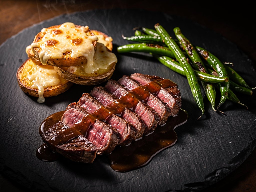 Seared Bavette Steak with Sherry Shallot Sauce, Garlic Parmesan Potato Clusters, and Roasted Green Beans