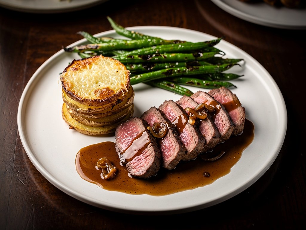 Seared Bavette Steak with Sherry Shallot Sauce, Garlic Parmesan Potato Clusters, and Roasted Green Beans