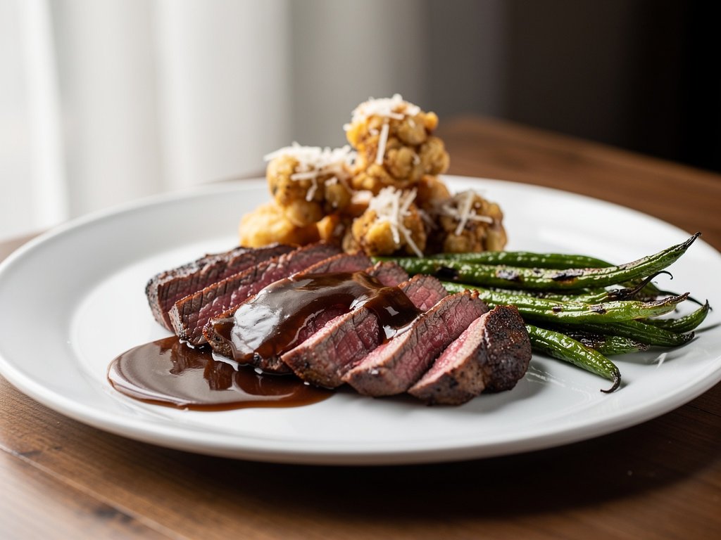Seared Bavette Steak with Sherry Shallot Sauce, Garlic Parmesan Potato Clusters, and Roasted Green Beans