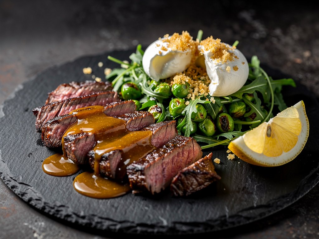 Seared Bavette Steak with Burrata, Arugula, and Charred Pea Salad