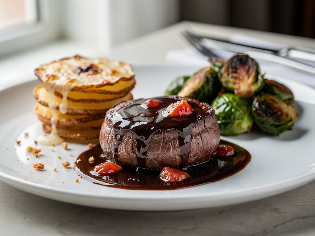 Seared Beef Tenderloin with Balsamic Tomato Sauce, Cheesy Potato Rounds, and Roasted Brussels Sprouts
