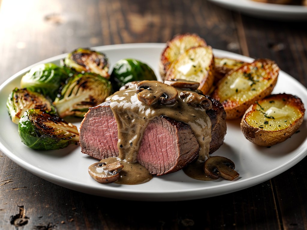 Seared Beef Tenderloin with Rich Mushroom Sauce and Roasted Vegetables
