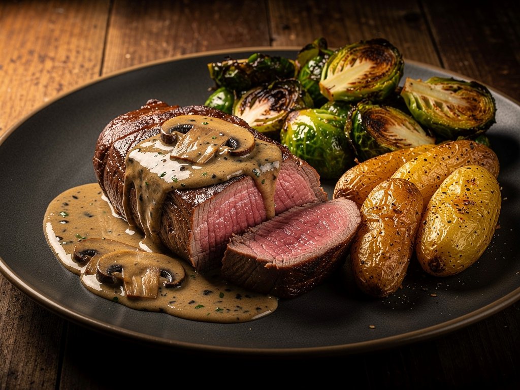 Seared Beef Tenderloin with Creamy Mushroom Sauce and Roasted Vegetables