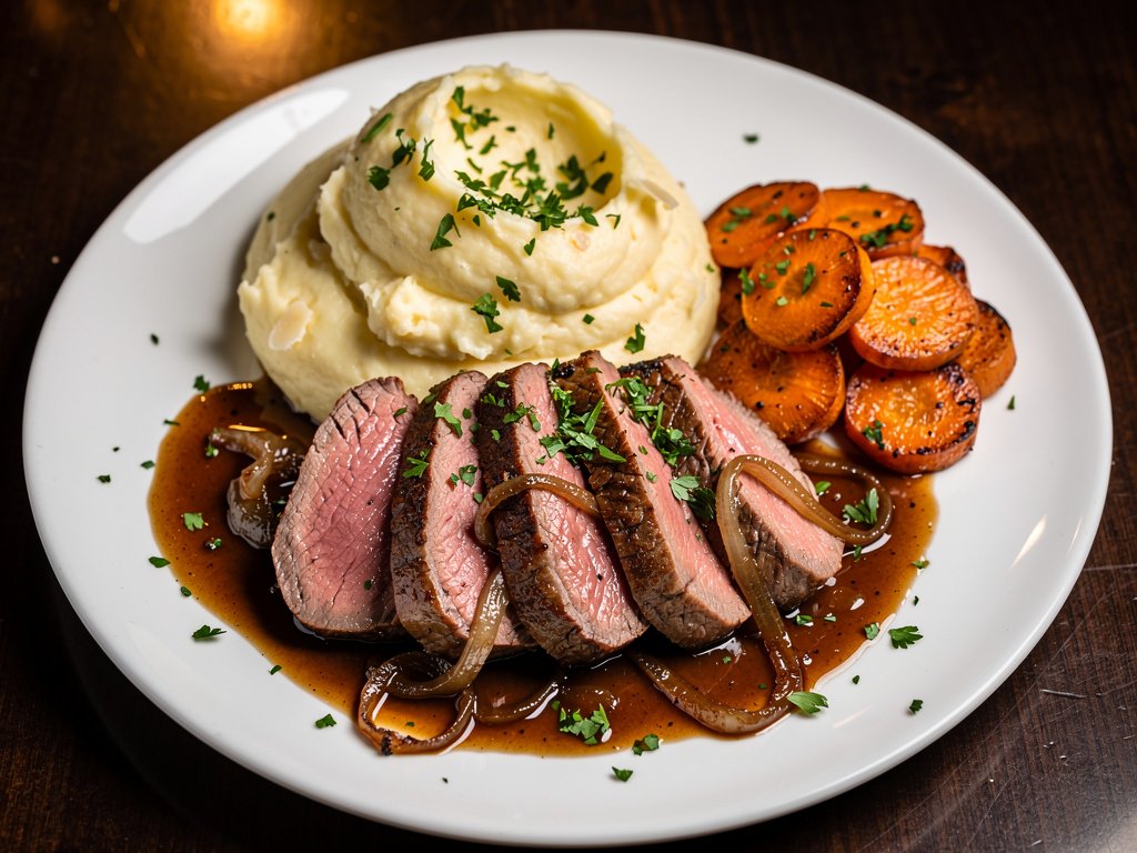 Seared Beef Tenderloin with Parmesan Truffle Mashed Potatoes and Brown Butter Carrots