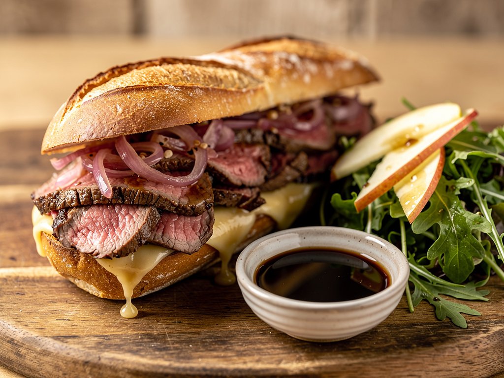 Seared Beef Tenderloin Sandwich with Gouda and Balsamic Au Jus