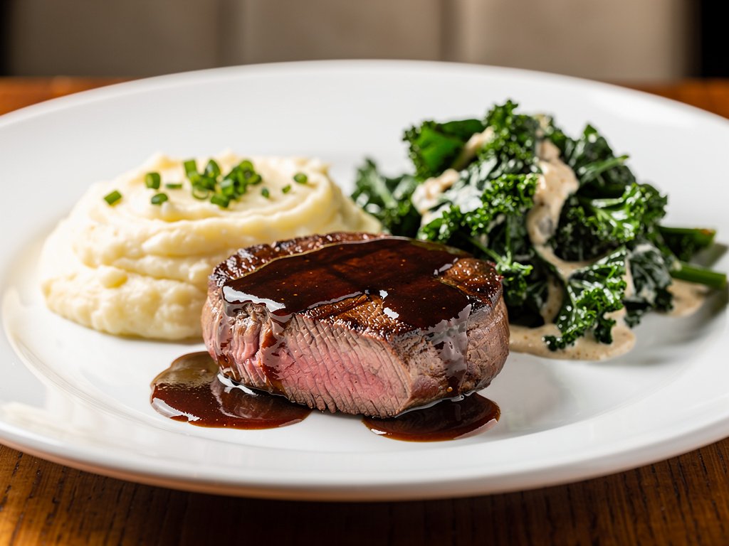 Seared Beef Tenderloin with Shallot Pan Sauce, Creamed Kale & Mashed Potatoes