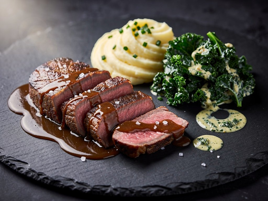 Seared Beef Tenderloin with Shallot Pan Sauce, Garlic Herb Creamed Kale & Chive Mashed Potatoes