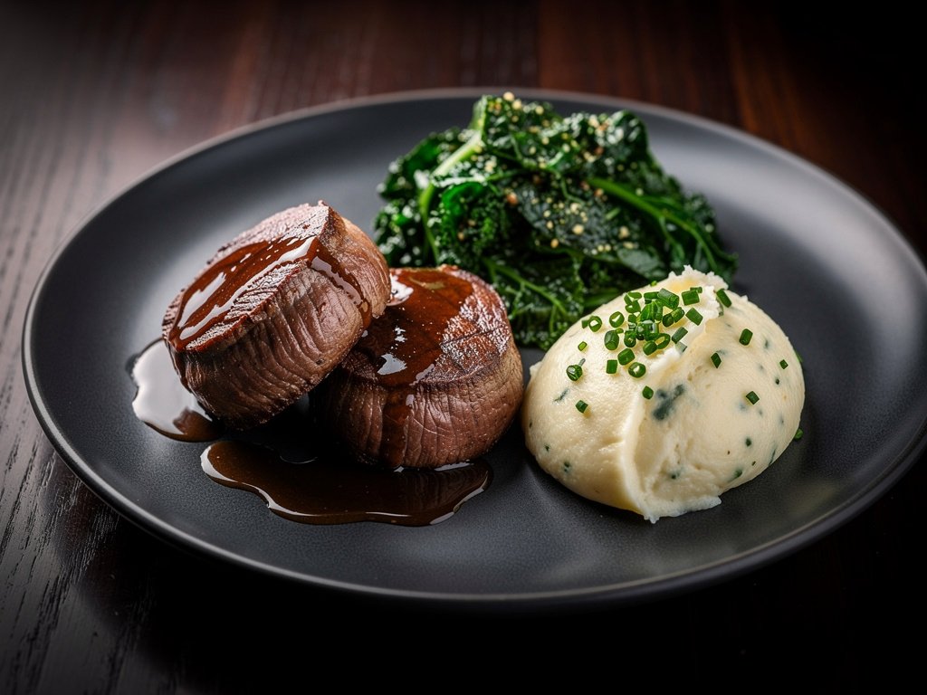 Seared Beef Tenderloin with Shallot Pan Sauce, Garlic Herb Creamed Kale, and Chive Mashed Potatoes