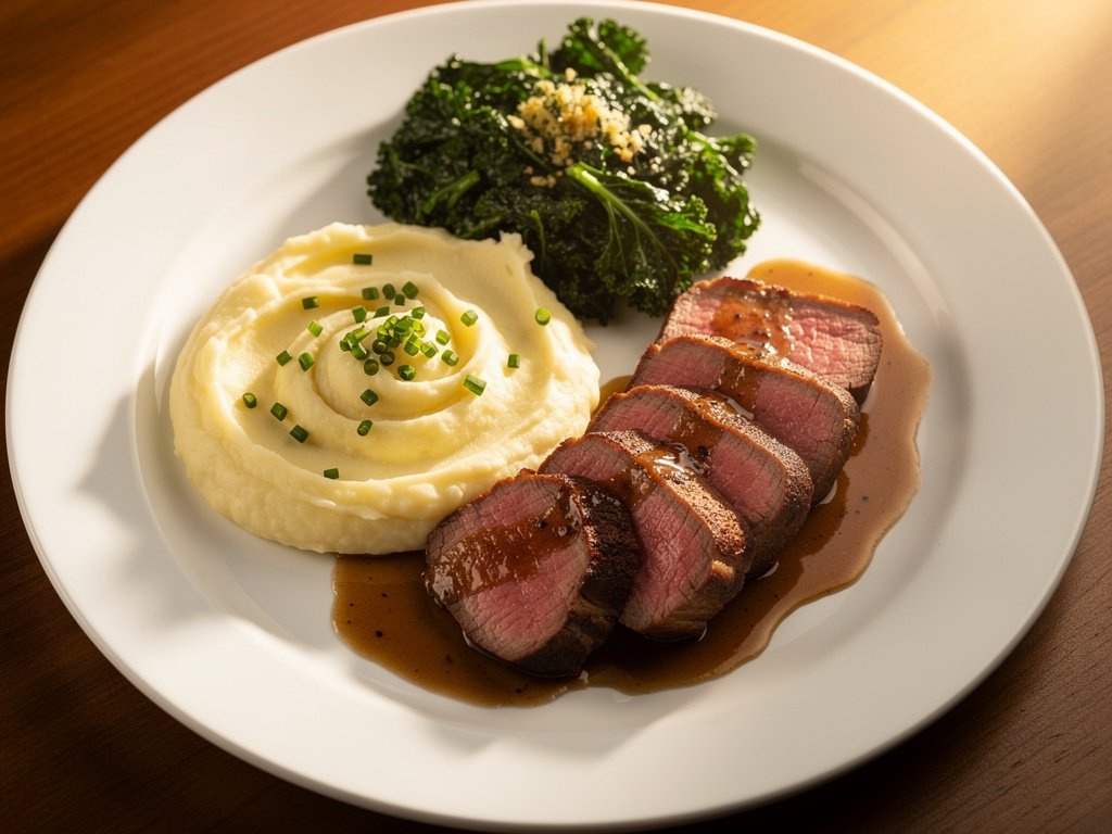 Seared Beef Tenderloin with Shallot Pan Sauce, Creamed Kale & Mashed Potatoes