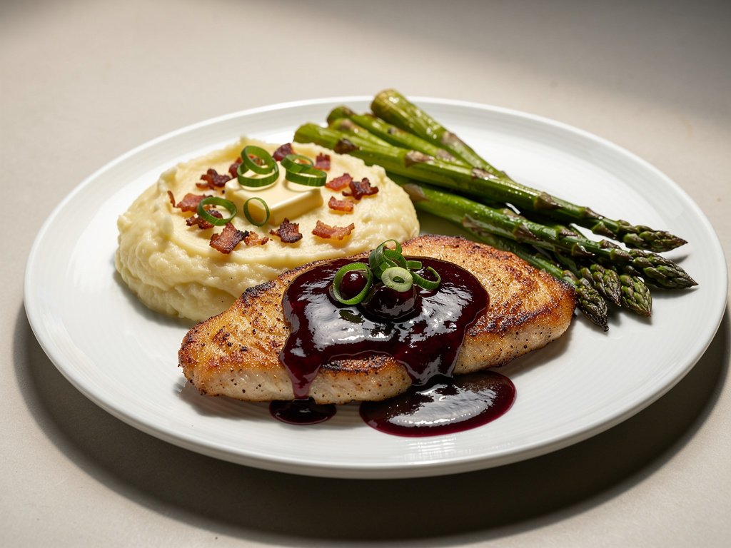 Seared Chicken with Cherry Pan Sauce and Loaded Mashed Potatoes