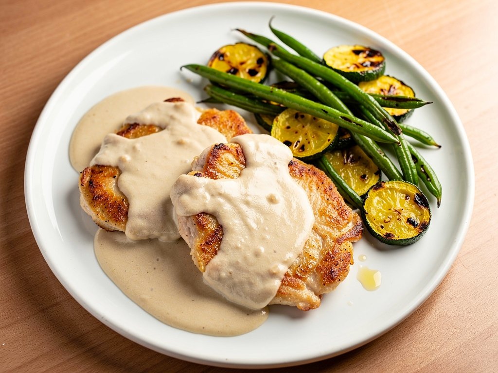 Seared Chicken Cutlets with Creamy Shallot Sauce and Roasted Vegetables