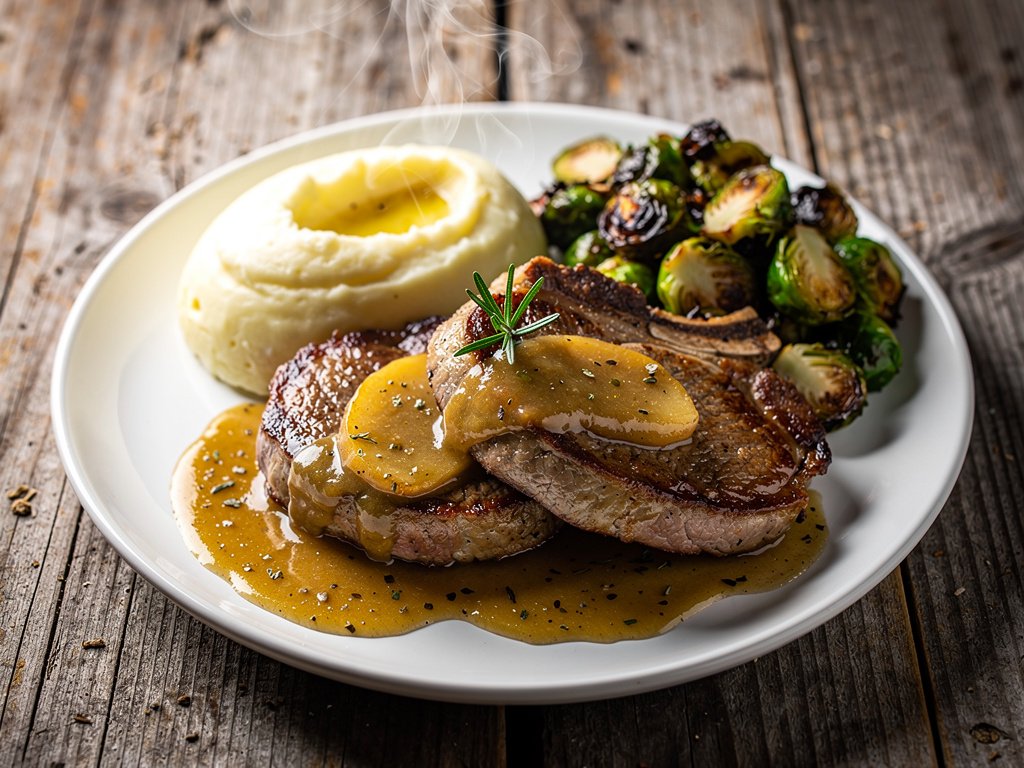 Seared Pork Chops with Apple Rosemary Pan Sauce, Creamy Mashed Potatoes & Roasted Brussels Sprouts