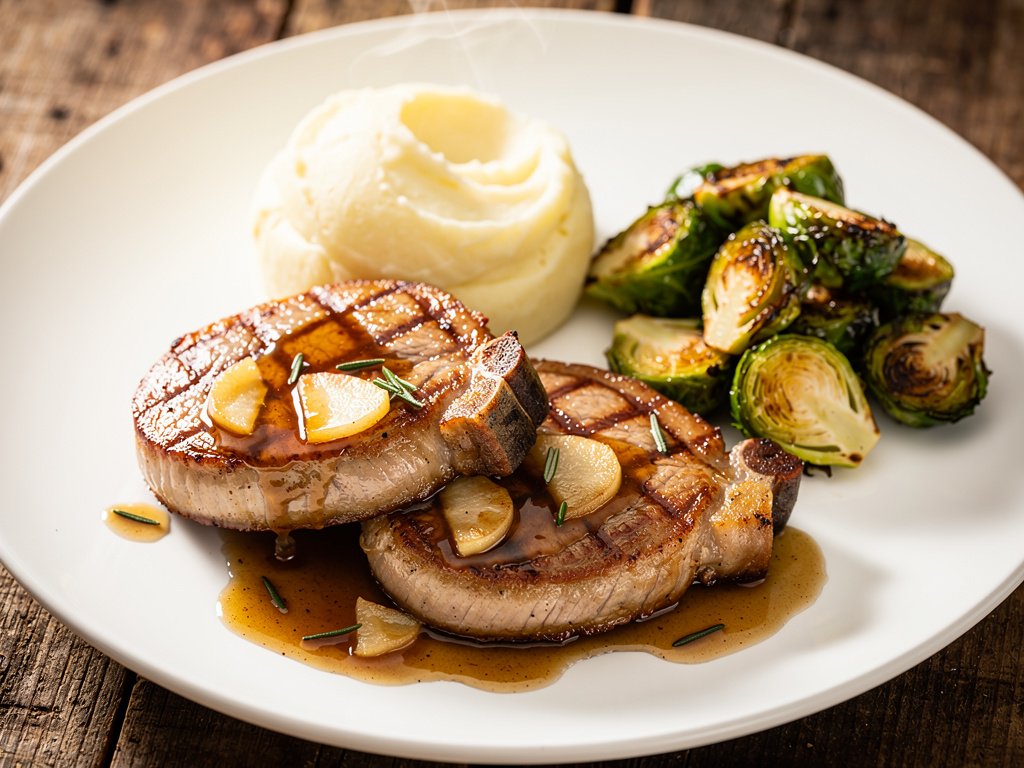 Seared Pork Chops with Apple Rosemary Pan Sauce, Creamy Mashed Potatoes & Roasted Brussels Sprouts