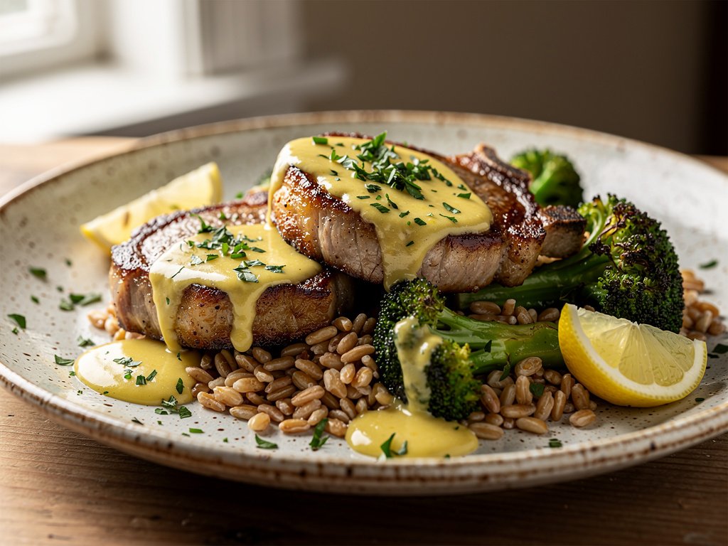 Seared Pork Chops with Creamy Lemon Pan Sauce and Roasted Broccoli Farro
