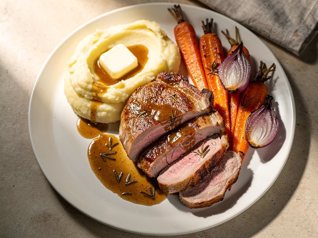 Seared Pork Chops with Rosemary Pan Sauce, Creamy Mashed Potatoes, and Roasted Vegetables