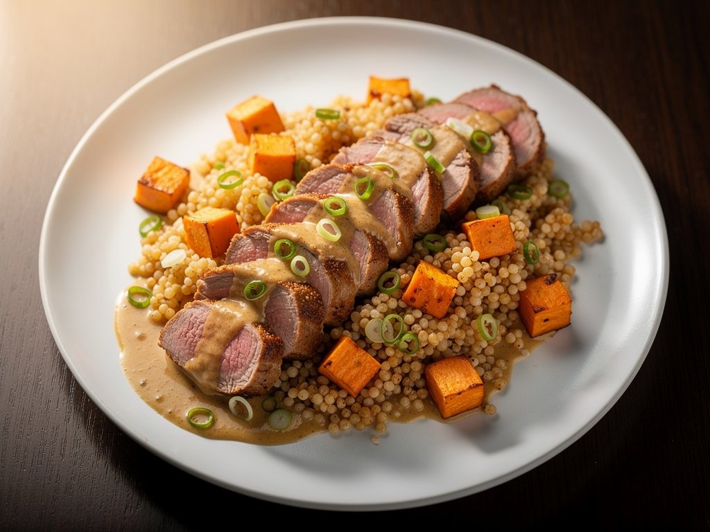 Seared Pork Tenderloin with Creamy Garlic Pan Sauce and Roasted Sweet Potato Couscous