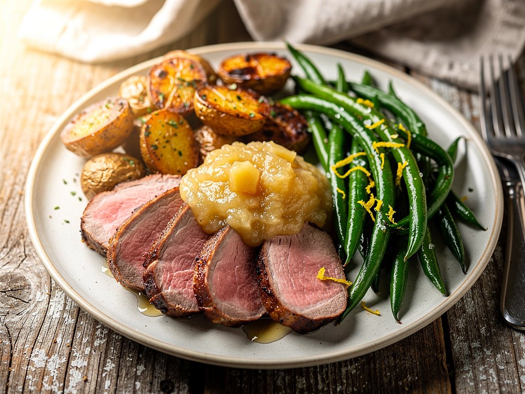 Seared Pork Tenderloin with Homemade Applesauce and Roasted Green Beans