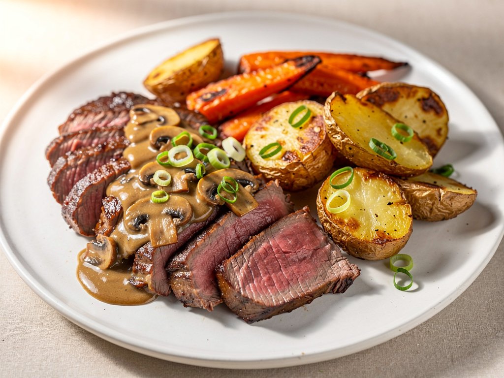 Seared Ranch Steak with Savory Mushroom Cream Sauce and Roasted Potatoes & Carrots