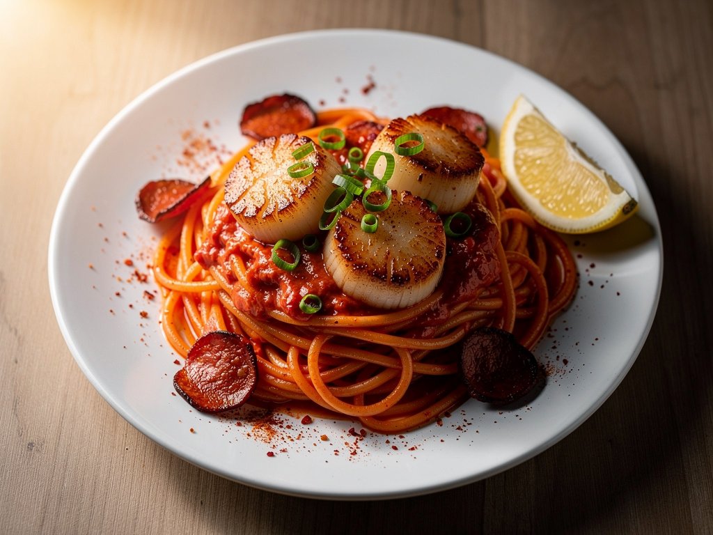 Seared Scallops with Creamy Chorizo and Roasted Bell Pepper Spaghetti