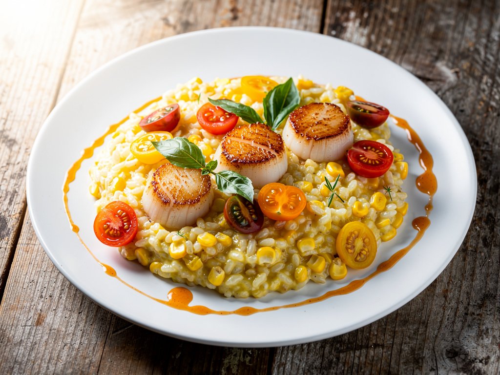 Seared Scallops with Summer Corn Risotto, Tomatoes, and Chili Lime Butter