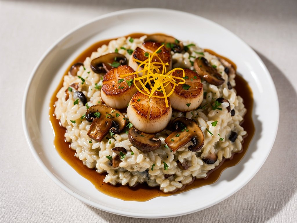 Seared Scallops with Truffle Mushroom Risotto and Brown Butter Herb Sauce