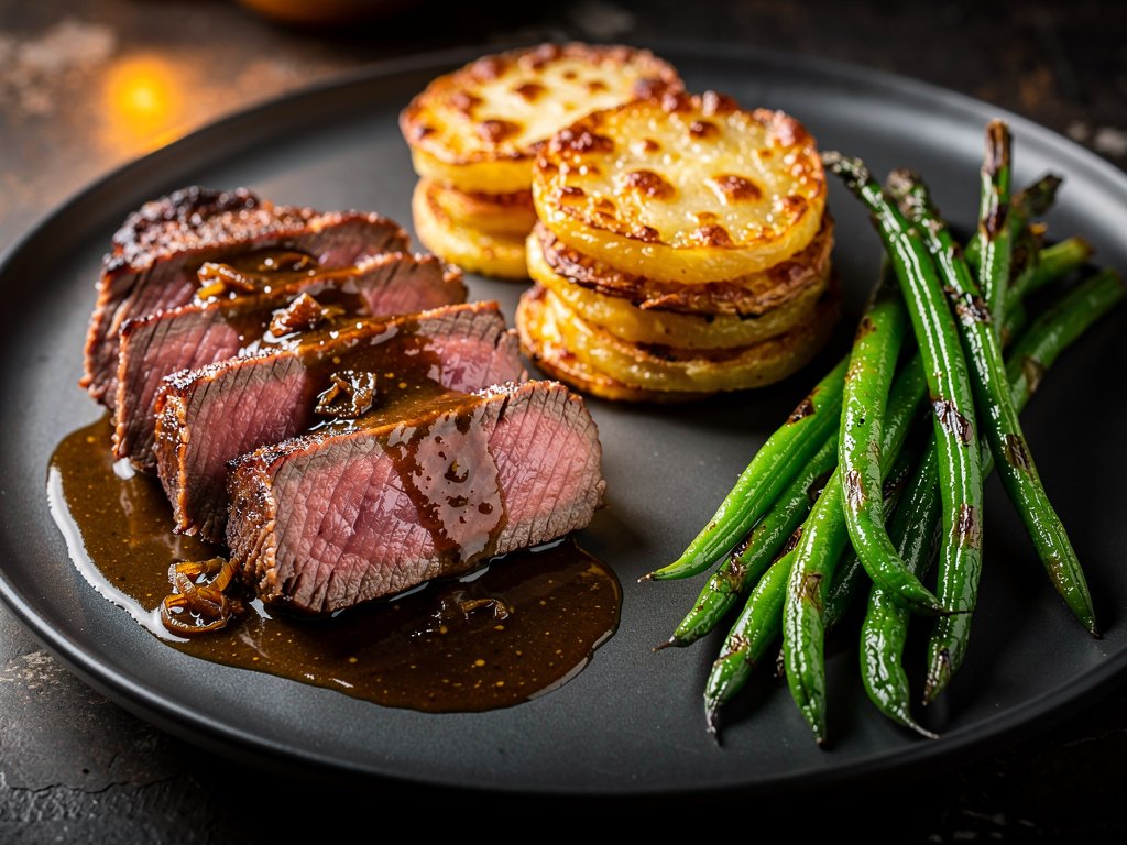 Seared Sirloin with Sherry Pan Sauce and Garlic Parmesan Potato Clusters