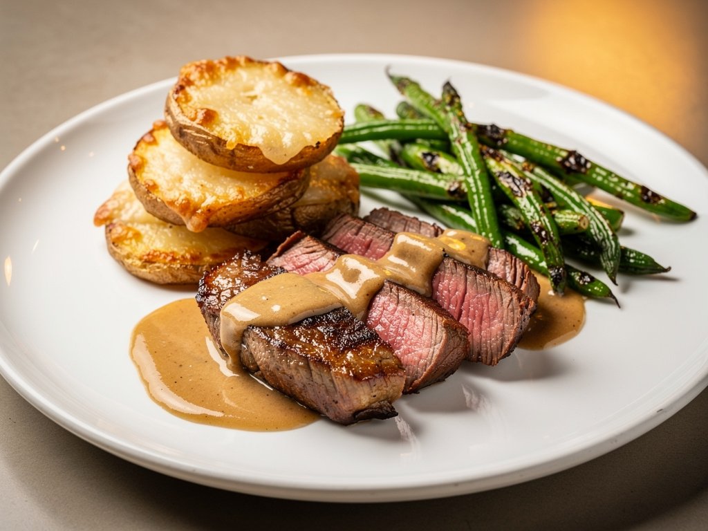 Seared Sirloin with Sherry Shallot Sauce, Garlic Parmesan Potatoes, and Roasted Green Beans