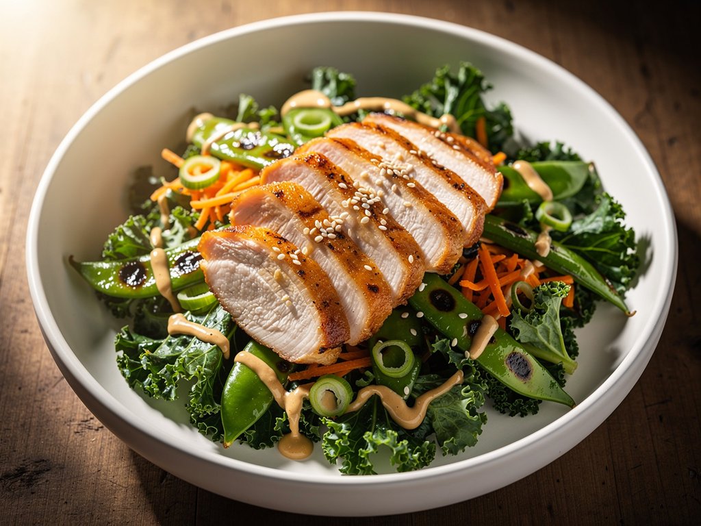 Sesame Garlic Chicken Salad with Charred Snap Peas and Yum Yum Sauce