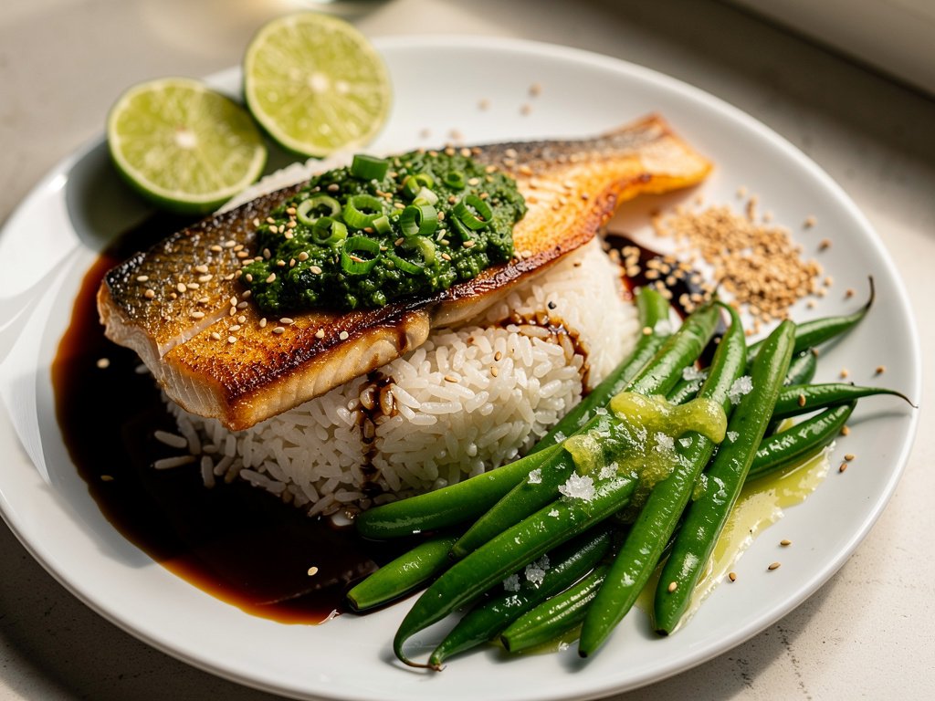 Sesame Scallion Tilapia with Ginger Rice and Green Beans