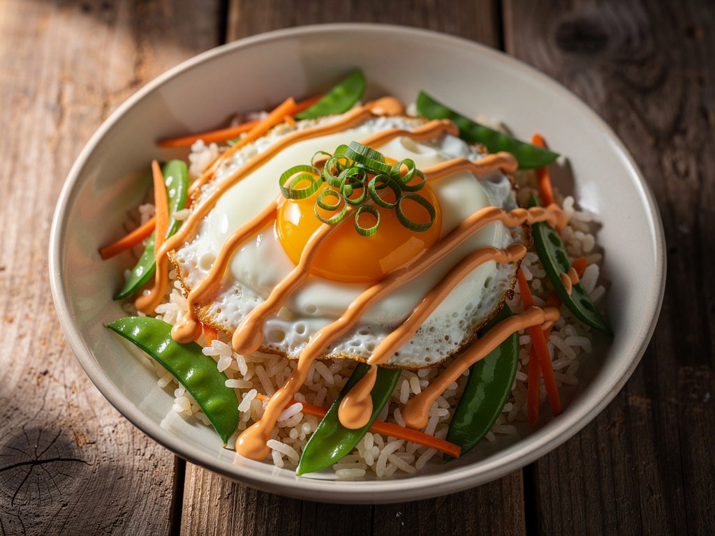 Sesame Soy Fried Rice with Carrots, Snap Peas, and Fried Egg