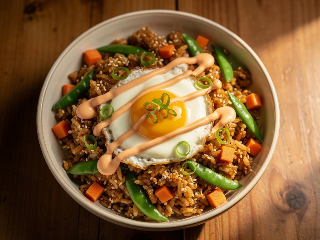 Sesame Soy Fried Rice with Crispy Veggies and Fried Egg