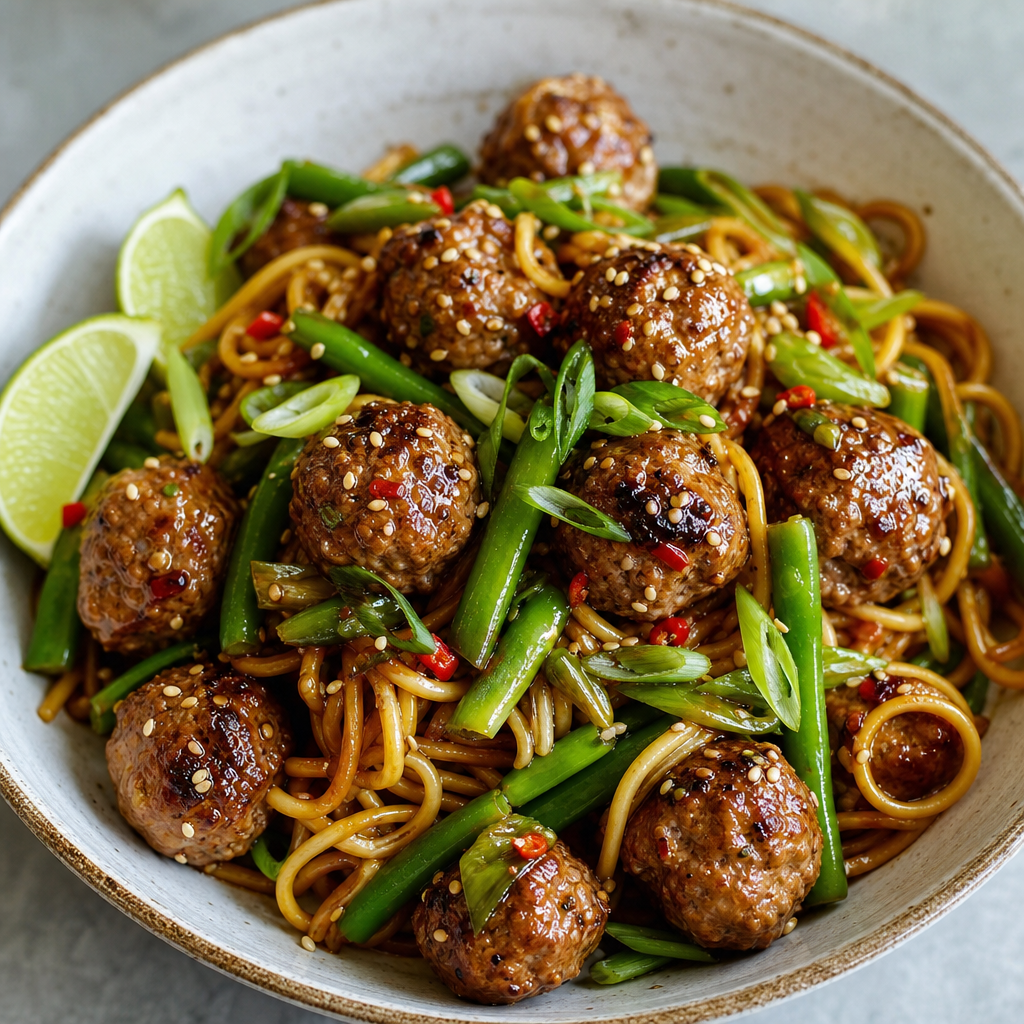 Sesame Soy Pork Meatballs with Yakisoba Noodles and Green Beans