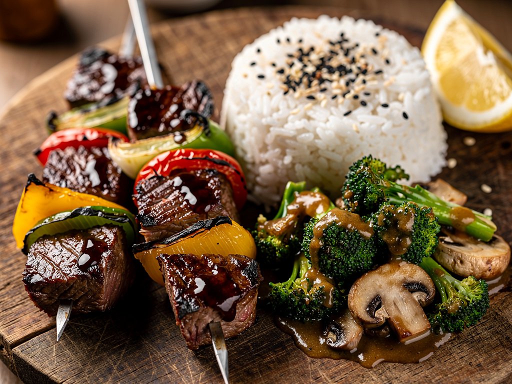 Sesame Steak Skewers with Soy Butter Vegetables and Rice