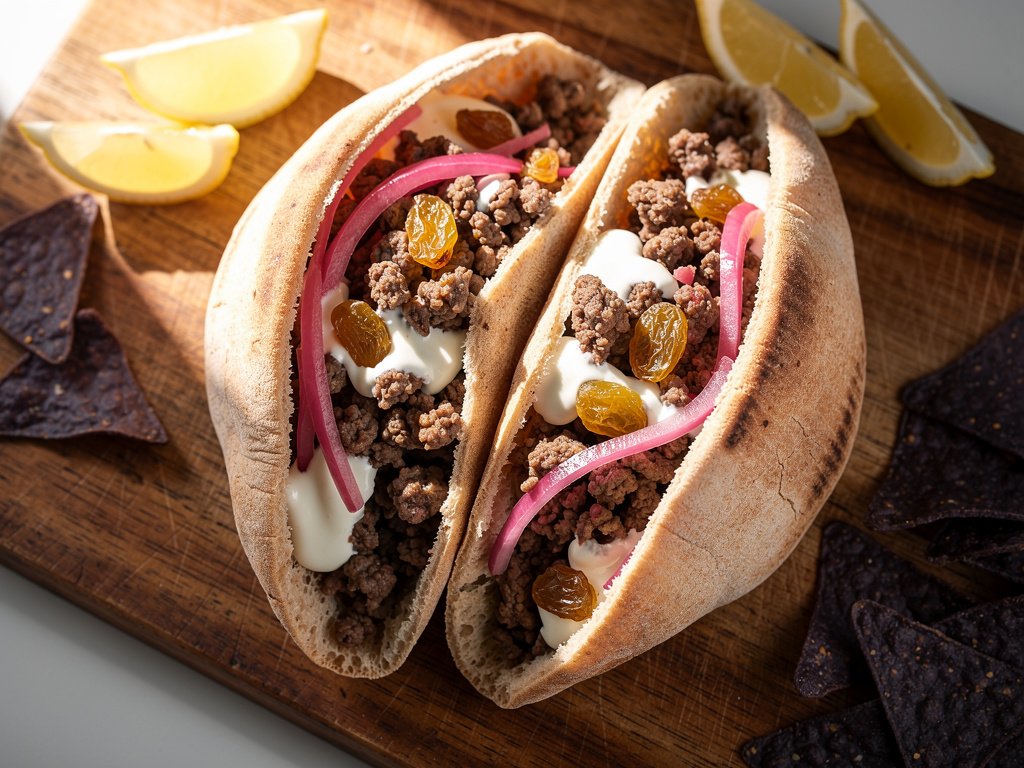 Shawarma-Spiced Beef Pitas with Pickled Onion and Lemon Cream Sauce