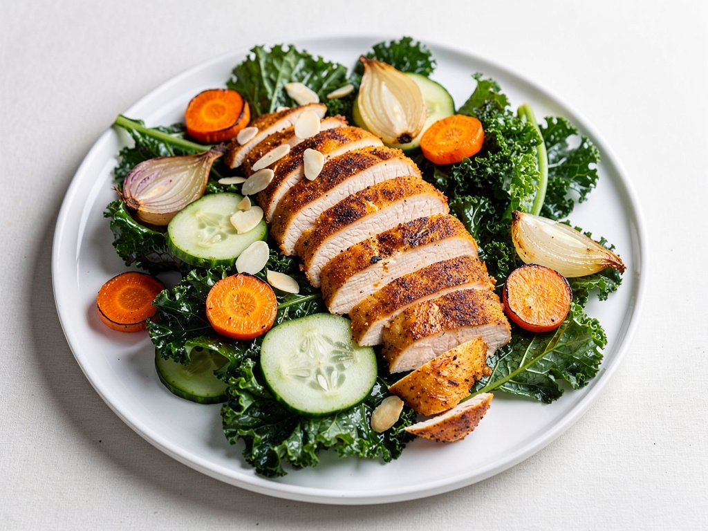 Shawarma-Spiced Chicken and Kale Salad with Roasted Veggies and Almonds