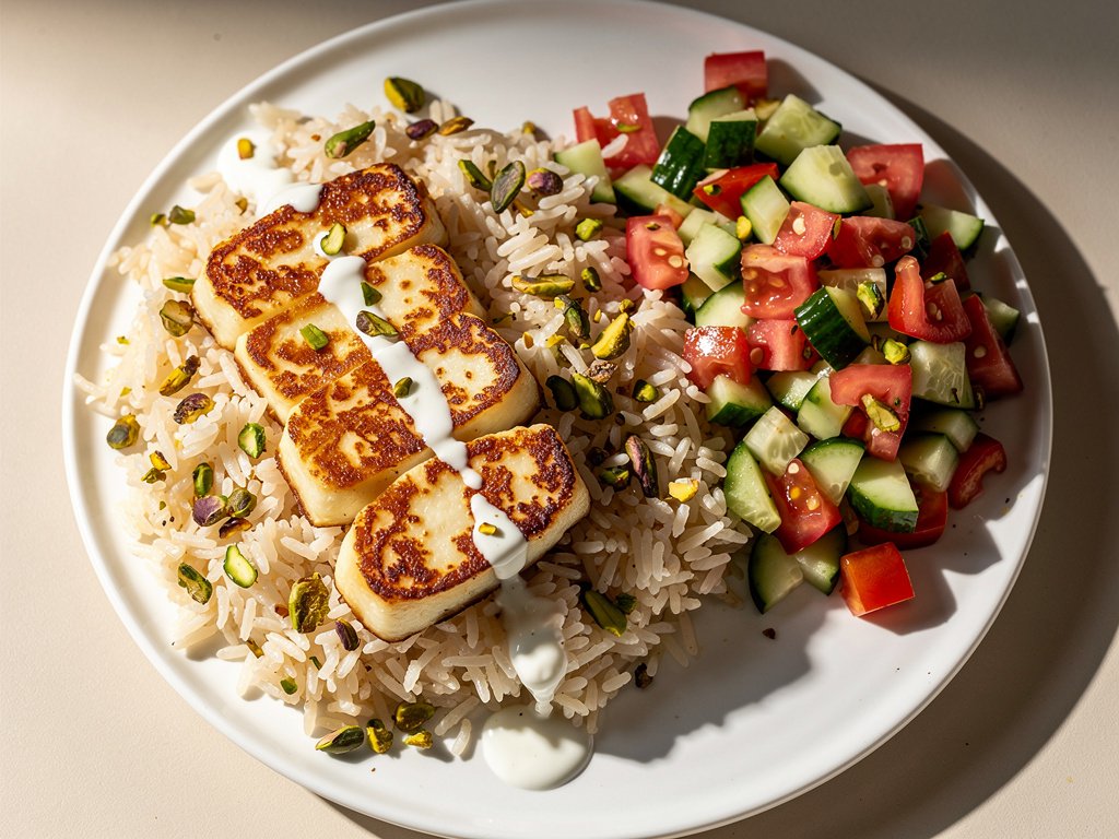 Shawarma-Spiced Halloumi with Pistachio Rice and Israeli Salad