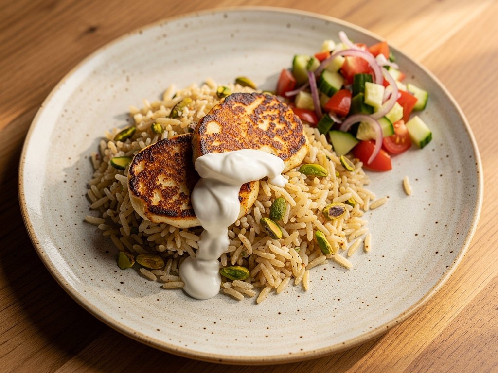 Shawarma-Spiced Halloumi with Pistachio Rice and Israeli Salad