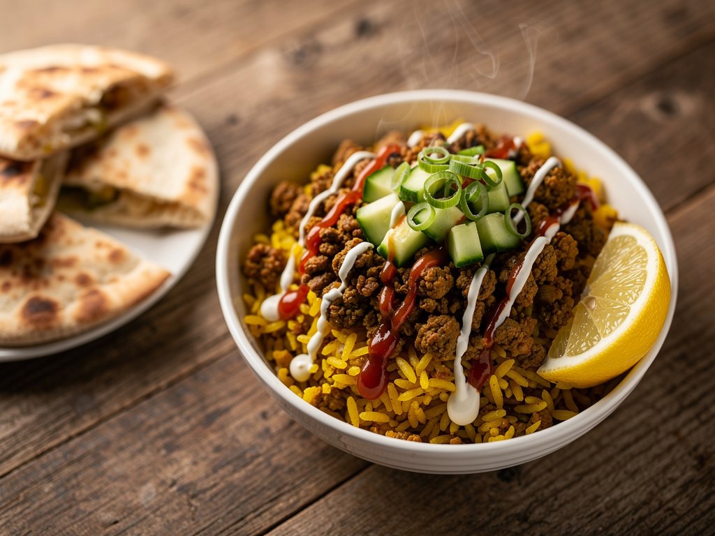 Shawarma-Spiced Turkey Bowls with Turmeric Rice and Creamy White Sauce